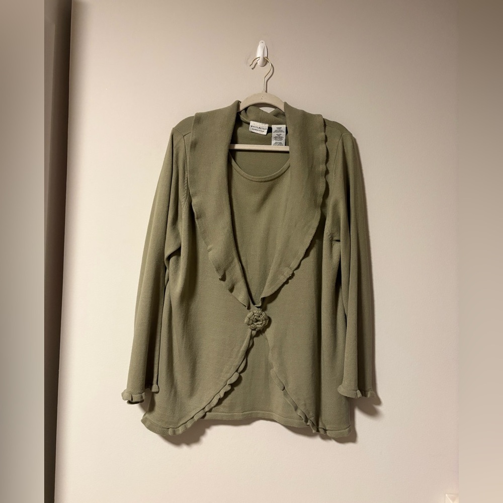 White Stag Olive Green Women's Ruffled Cardigan 16W Y2K Flare Sleeves